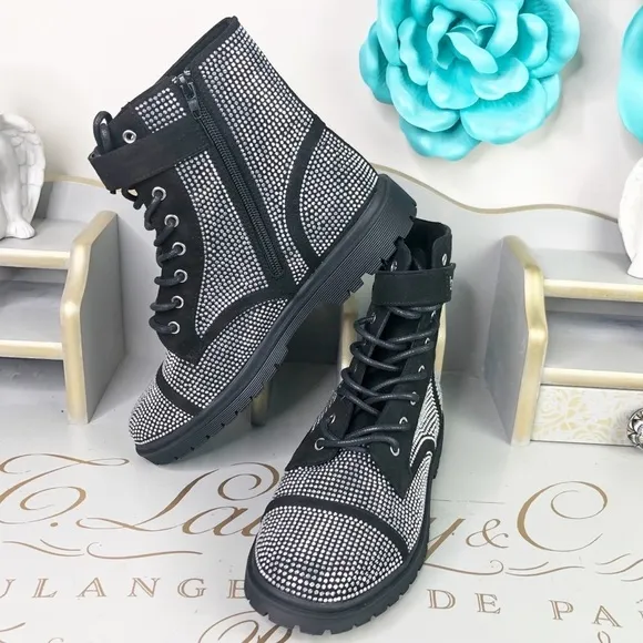 Bebe Black Dayani rhinestone combat Chelsea boots