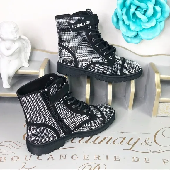 Bebe Black Dayani rhinestone combat Chelsea boots