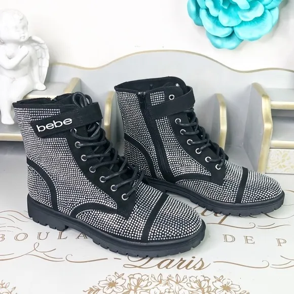 Bebe Black Dayani rhinestone combat Chelsea boots