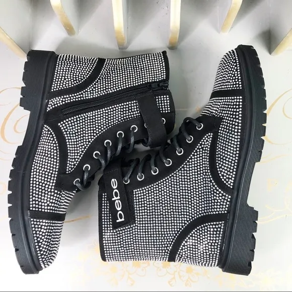 Bebe Black Dayani rhinestone combat Chelsea boots