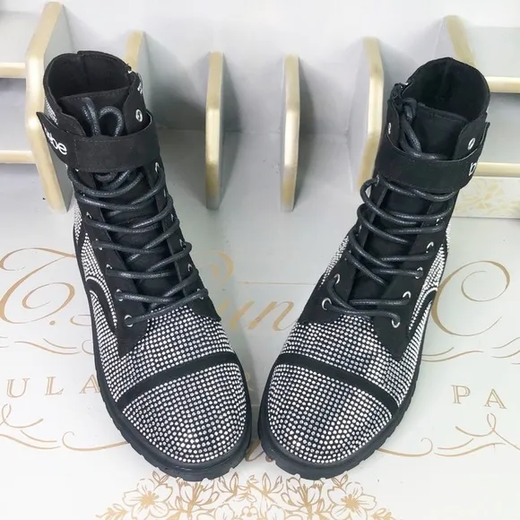 Bebe Black Dayani rhinestone combat Chelsea boots