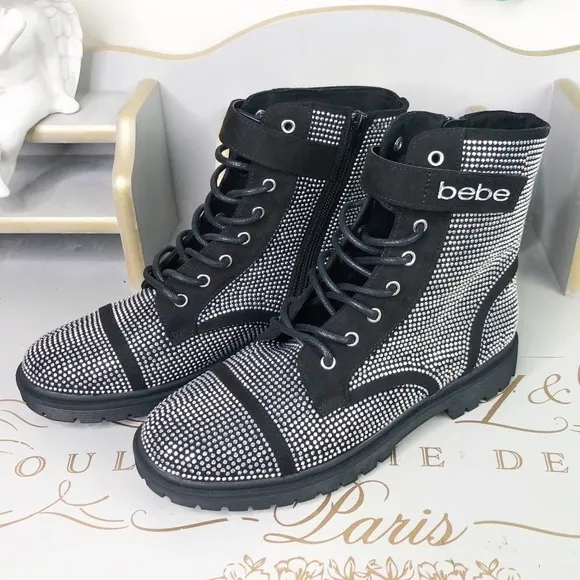 Bebe Black Dayani rhinestone combat Chelsea boots