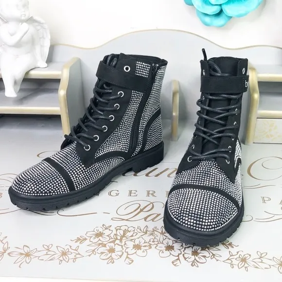 Bebe Black Dayani rhinestone combat Chelsea boots