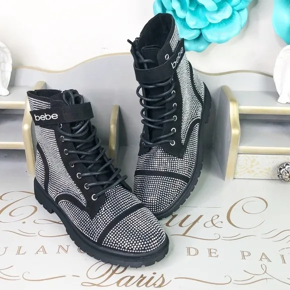 Bebe Black Dayani rhinestone combat Chelsea boots