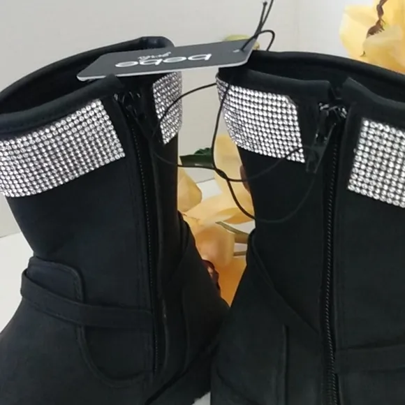 BEBE BLACK RHINESTONES MOTO BOOTIES COMBAT BOOTS SIZE GIRLS 3 NWT