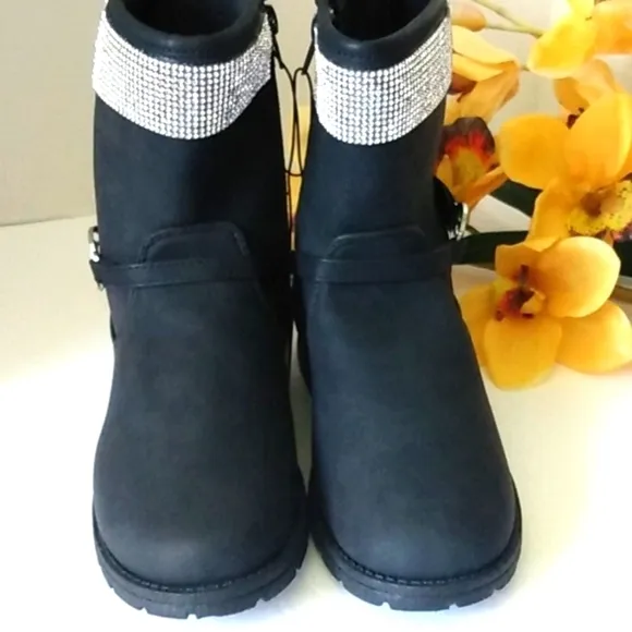 BEBE BLACK RHINESTONES MOTO BOOTIES COMBAT BOOTS SIZE GIRLS 3 NWT