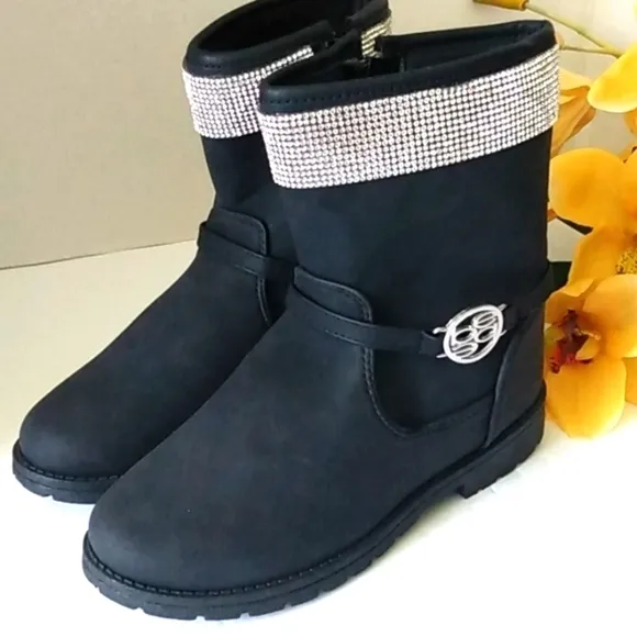 BEBE BLACK RHINESTONES MOTO BOOTIES COMBAT BOOTS SIZE GIRLS 3 NWT
