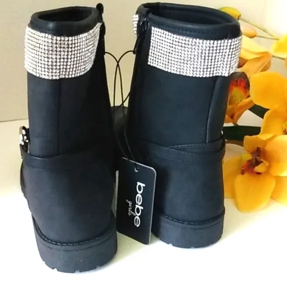 BEBE BLACK RHINESTONES MOTO BOOTIES COMBAT BOOTS SIZE GIRLS 3 NWT
