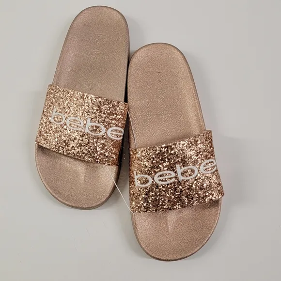 BEBE Fraida Slip on sandals Rose Gold with glitter front Size 8