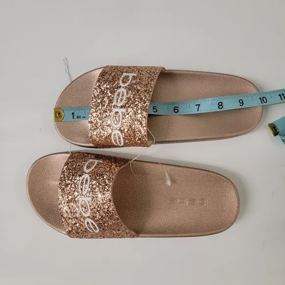 BEBE Fraida Slip on sandals Rose Gold with glitter front Size 8
