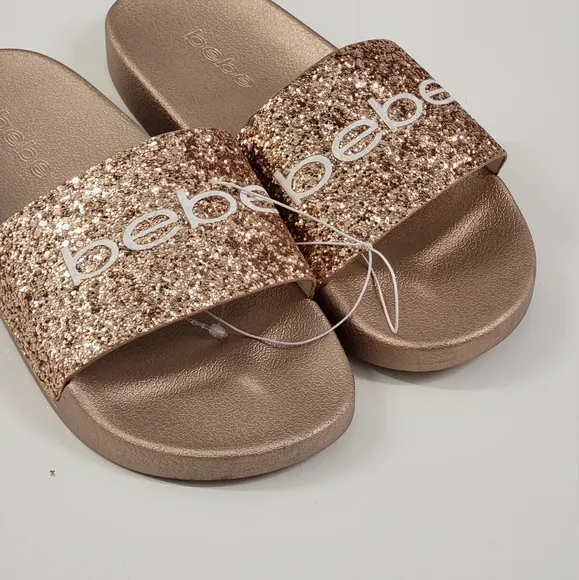 BEBE Fraida Slip on sandals Rose Gold with glitter front Size 8