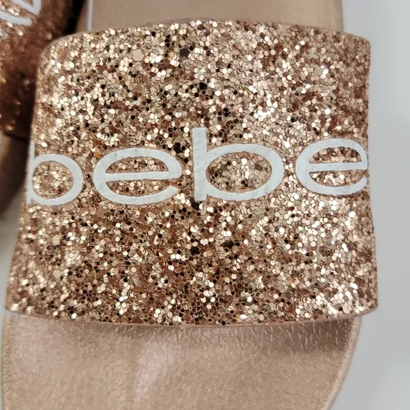 BEBE Fraida Slip on sandals Rose Gold with glitter front Size 8