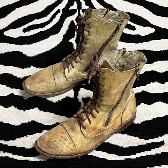 Bed Stu Sabre Combat Boots Antiqued Tan Rustic Distressed Leather Size 8.5