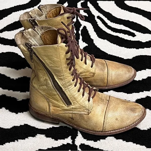 Bed Stu Sabre Combat Boots Antiqued Tan Rustic Distressed Leather Size 8.5