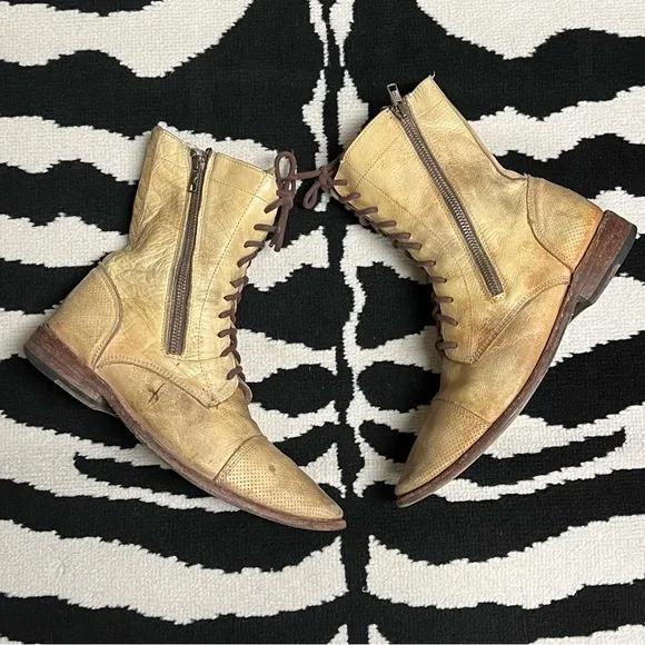 Bed Stu Sabre Combat Boots Antiqued Tan Rustic Distressed Leather Size 8.5