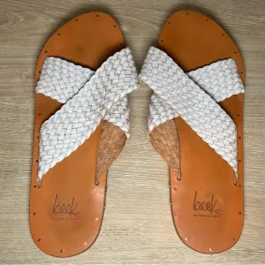 Beek Women’s 10 White Braided Woven Criss Cross Leather Slip On Sandals Slides
