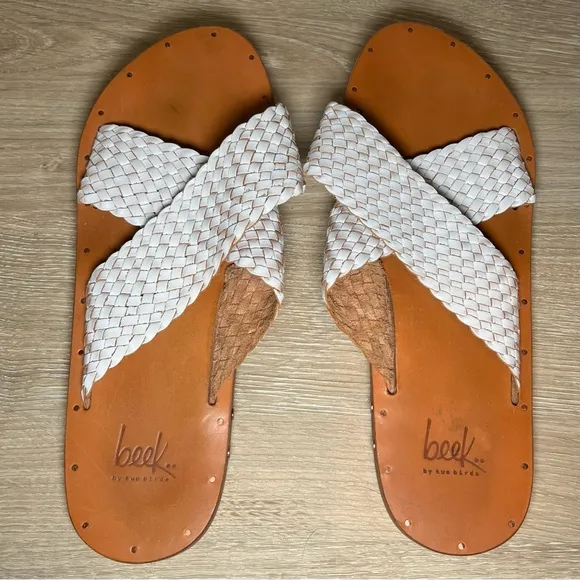 Beek Women’s 10 White Braided Woven Criss Cross Leather Slip On Sandals Slides