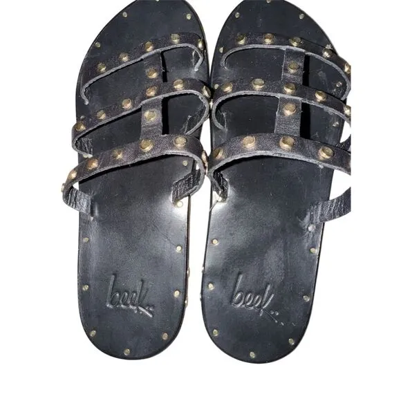 Beek Women's Black Leather Sandals with Gold Studs Size 5