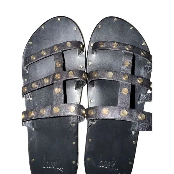 Beek Women's Black Leather Sandals with Gold Studs Size 5
