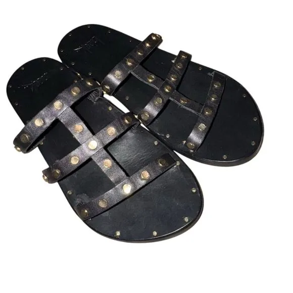 Beek Women's Black Leather Sandals with Gold Studs Size 5