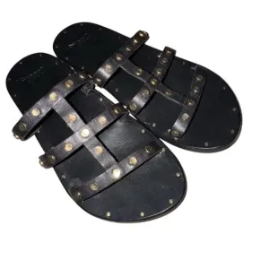 Beek Women's Black Leather Sandals with Gold Studs Size 5