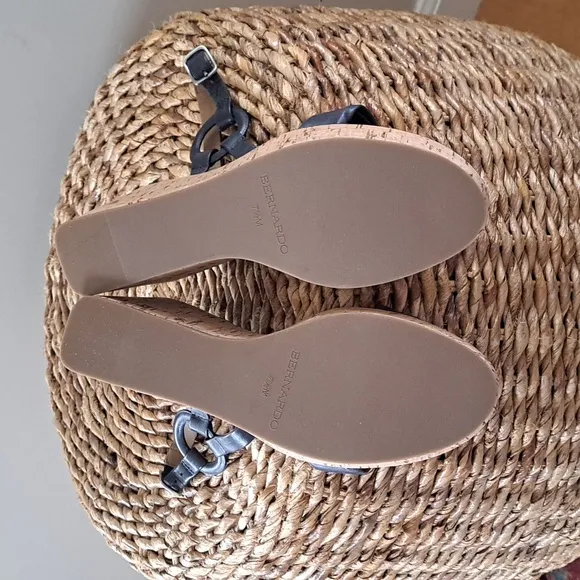 Bernardo Women's Navy Wedge Strap Heels Leather/Cork‎ Size 7.5 NWOT