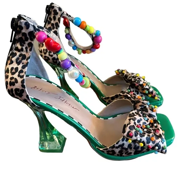 Betsey Johnson ALMMA Sandals Leopard Green Beaded Ankle Strap Heels Size 9.5
