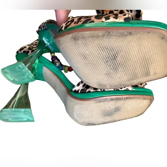 Betsey Johnson ALMMA Sandals Leopard Green Beaded Ankle Strap Heels Size 9.5