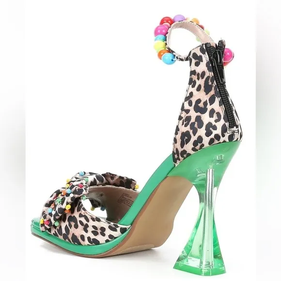 Betsey Johnson ALMMA Sandals Leopard Green Beaded Ankle Strap Heels Size 9.5