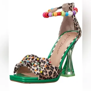 Betsey Johnson ALMMA Sandals Leopard Green Beaded Ankle Strap Heels Size 9.5