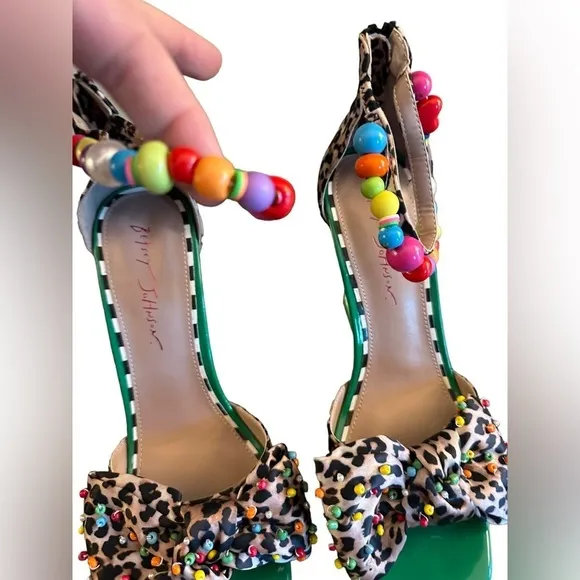 Betsey Johnson ALMMA Sandals Leopard Green Beaded Ankle Strap Heels Size 9.5