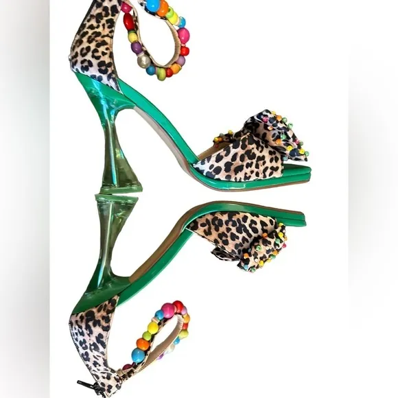 Betsey Johnson ALMMA Sandals Leopard Green Beaded Ankle Strap Heels Size 9.5