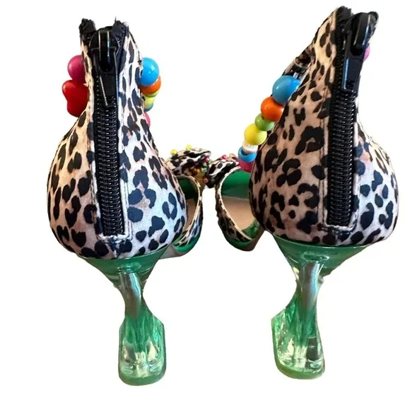 Betsey Johnson ALMMA Sandals Leopard Green Beaded Ankle Strap Heels Size 9.5