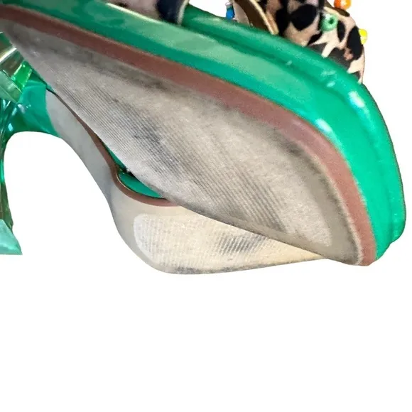 Betsey Johnson ALMMA Sandals Leopard Green Beaded Ankle Strap Heels Size 9.5