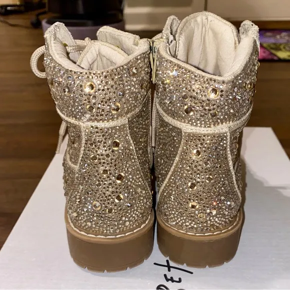 BETSEY JOHNSON KIDS HUDSON SPARKLE COMBAT BOOTS LIGHT GOLD RHINESTONES 13 worn 1