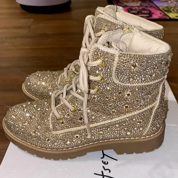 BETSEY JOHNSON KIDS HUDSON SPARKLE COMBAT BOOTS LIGHT GOLD RHINESTONES 13 worn 1