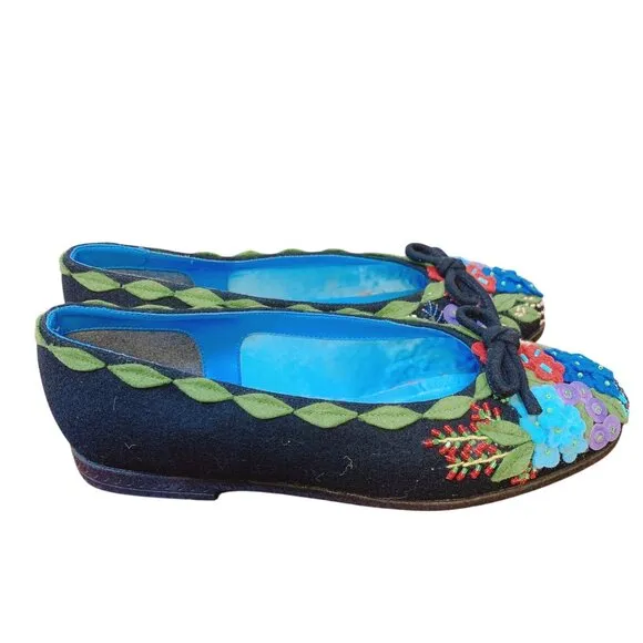 Beverly Feldman Black Lulu Embroidered Ballet Flats Size 7 By The Mistral
