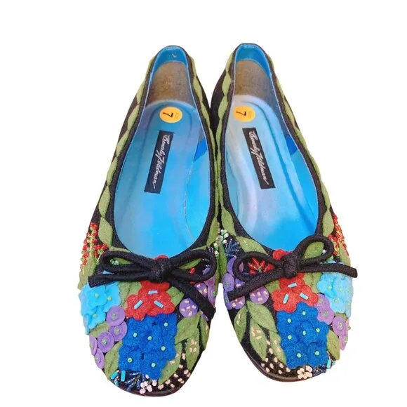 Beverly Feldman Black Lulu Embroidered Ballet Flats Size 7 By The Mistral