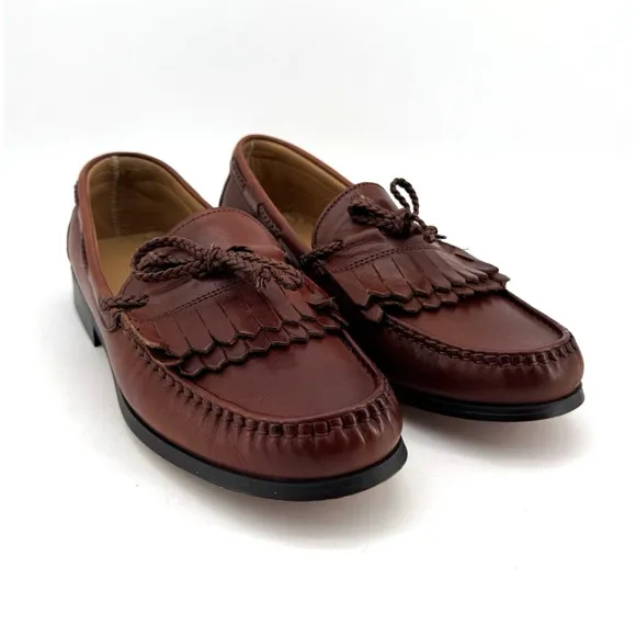 Bill Blass Loafers Mens 12 D Brown Leather Kiltie Apron Round Toe Woven Tie Shoe