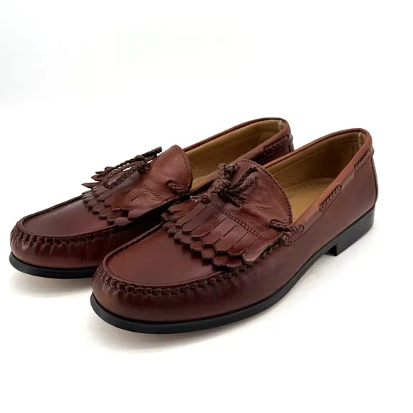 Bill Blass Loafers Mens 12 D Brown Leather Kiltie Apron Round Toe Woven Tie Shoe