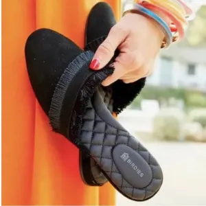 Birdies Ani Fringe Black Suede Slip On Comfort Slipper Mule Flats
