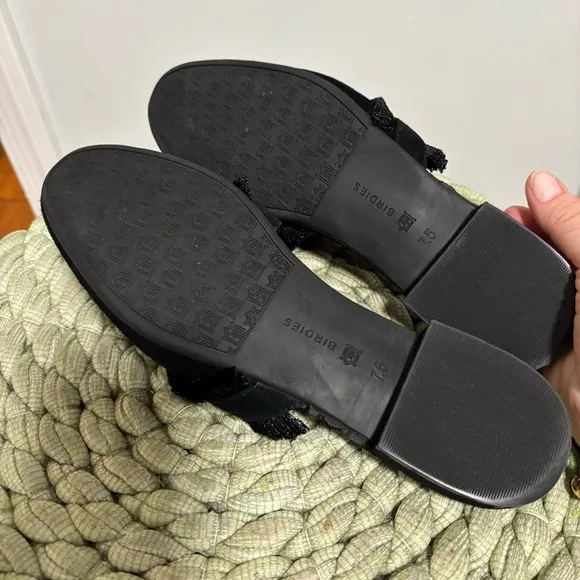 Birdies Ani Fringe Black Suede Slip On Comfort Slipper Mule Flats