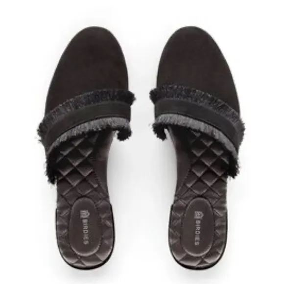 Birdies Ani Fringe Black Suede Slip On Comfort Slipper Mule Flats