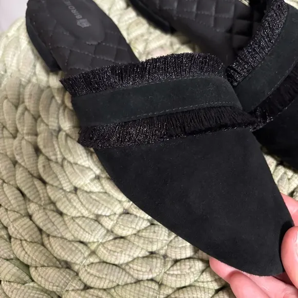 Birdies Ani Fringe Black Suede Slip On Comfort Slipper Mule Flats