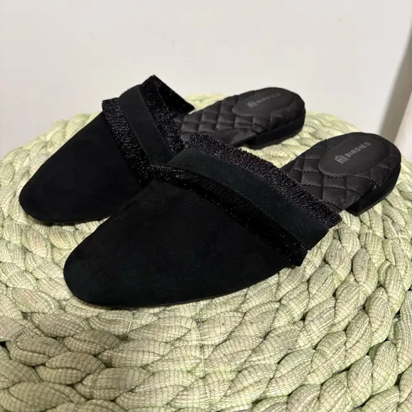 Birdies Ani Fringe Black Suede Slip On Comfort Slipper Mule Flats