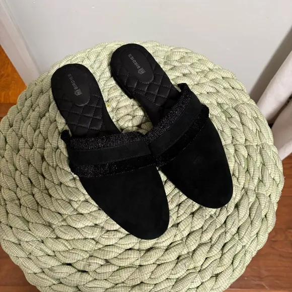 Birdies Ani Fringe Black Suede Slip On Comfort Slipper Mule Flats