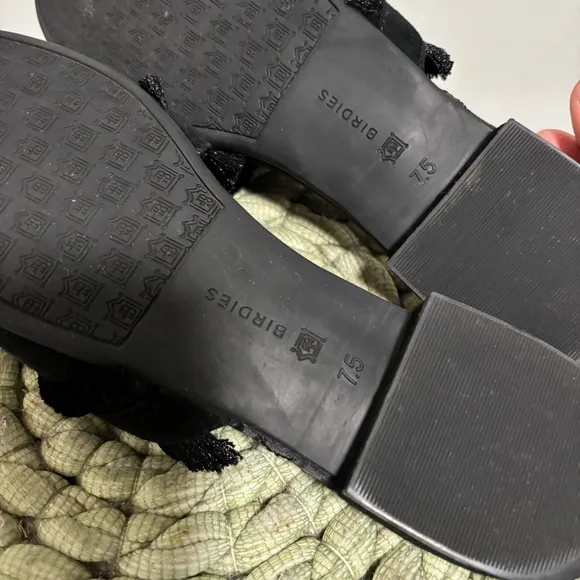 Birdies Ani Fringe Black Suede Slip On Comfort Slipper Mule Flats