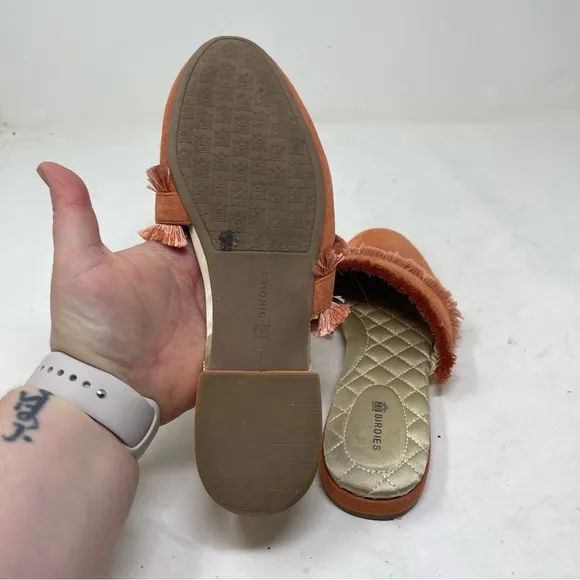 Birdies Orange Suede Fringe Slip On Closed Toe Flat Mules Sandals Size US 7