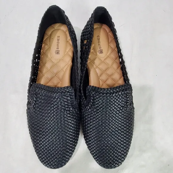 Birdies The Starling Black Woven Flat Slip On Vegan Leather Loafers Size 8.5