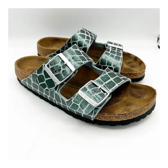 Birkenstock Arizona Double Buckle Leather Slide Sandal Gator Gleam Green 38/ 7.5